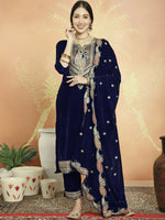 Thumbnail for Jyoti Fashion Women's Navy Blue Velvet Cording with Resham Thread & Sequin Kurta with Trouser & Dupatta - Distacart