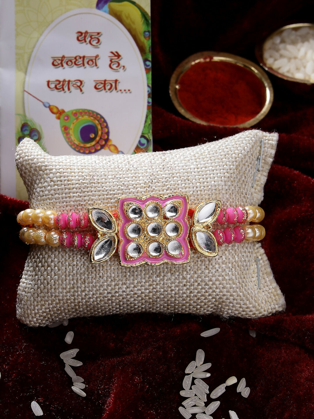 NVR Men Pink & Gold-Toned Kundan-Studded Rakhi With Roli Chawal - Distacart