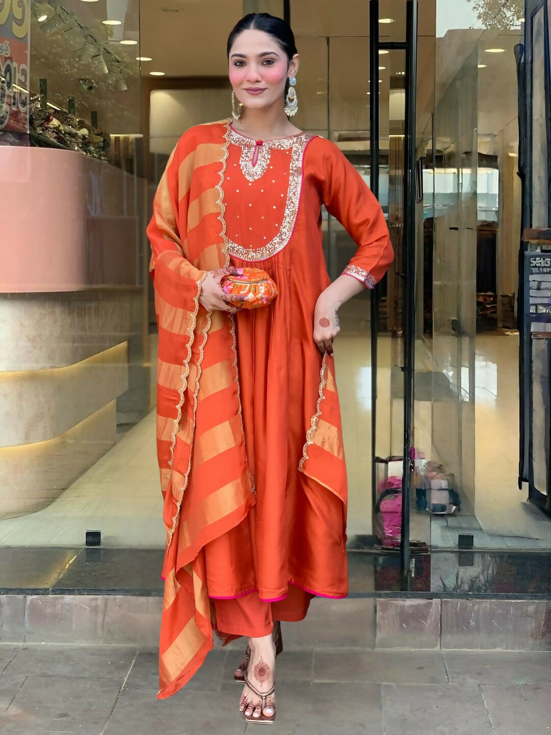 The52 Rust Women's Gorgeous Embroidered Work Chanderi Fabric Flared Kurta Pant and Dupatta Set