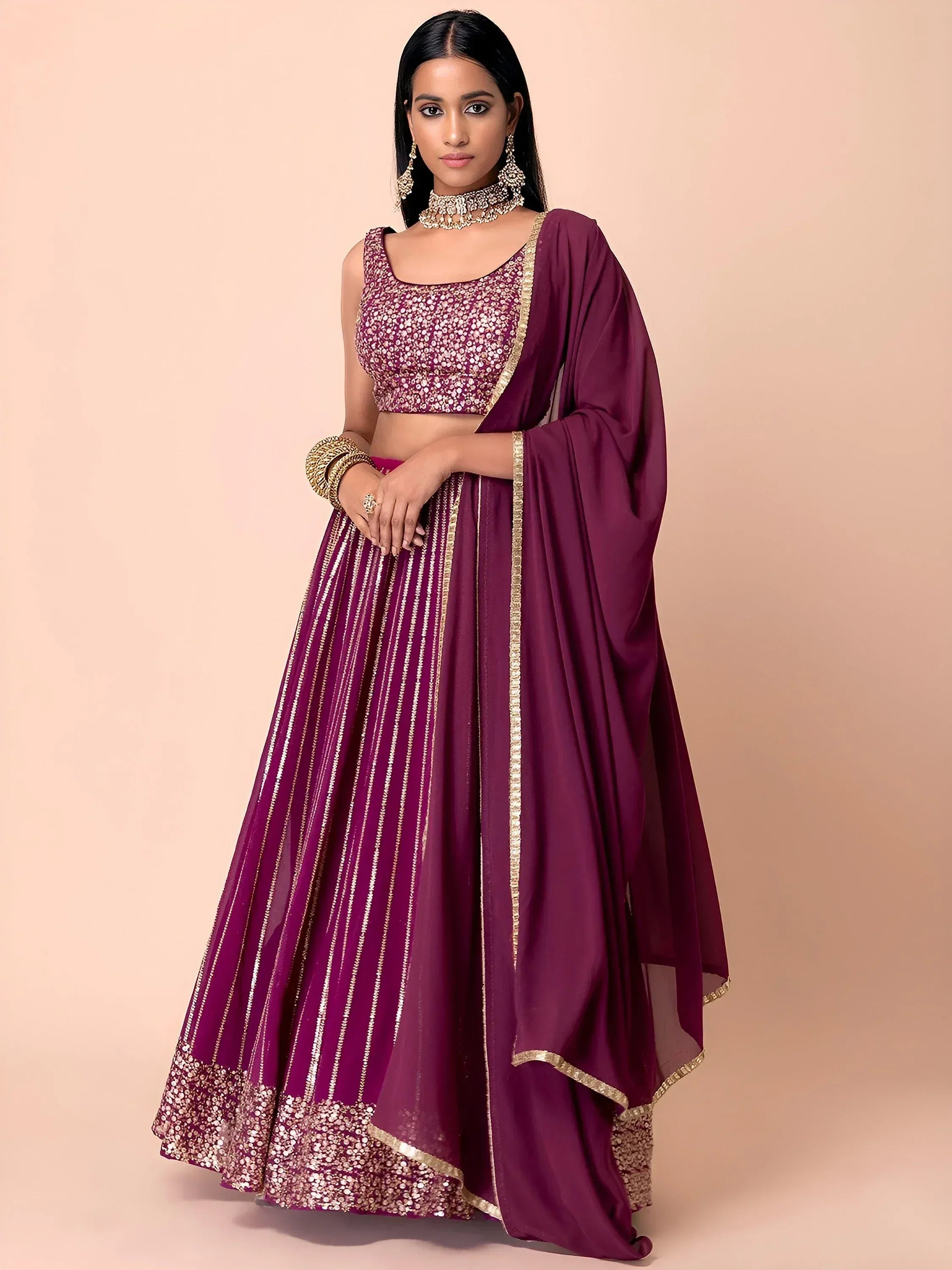 Tulsi Art Marvelous Wine Sequins Georgette Reception Wear Lehenga Choli - Dista