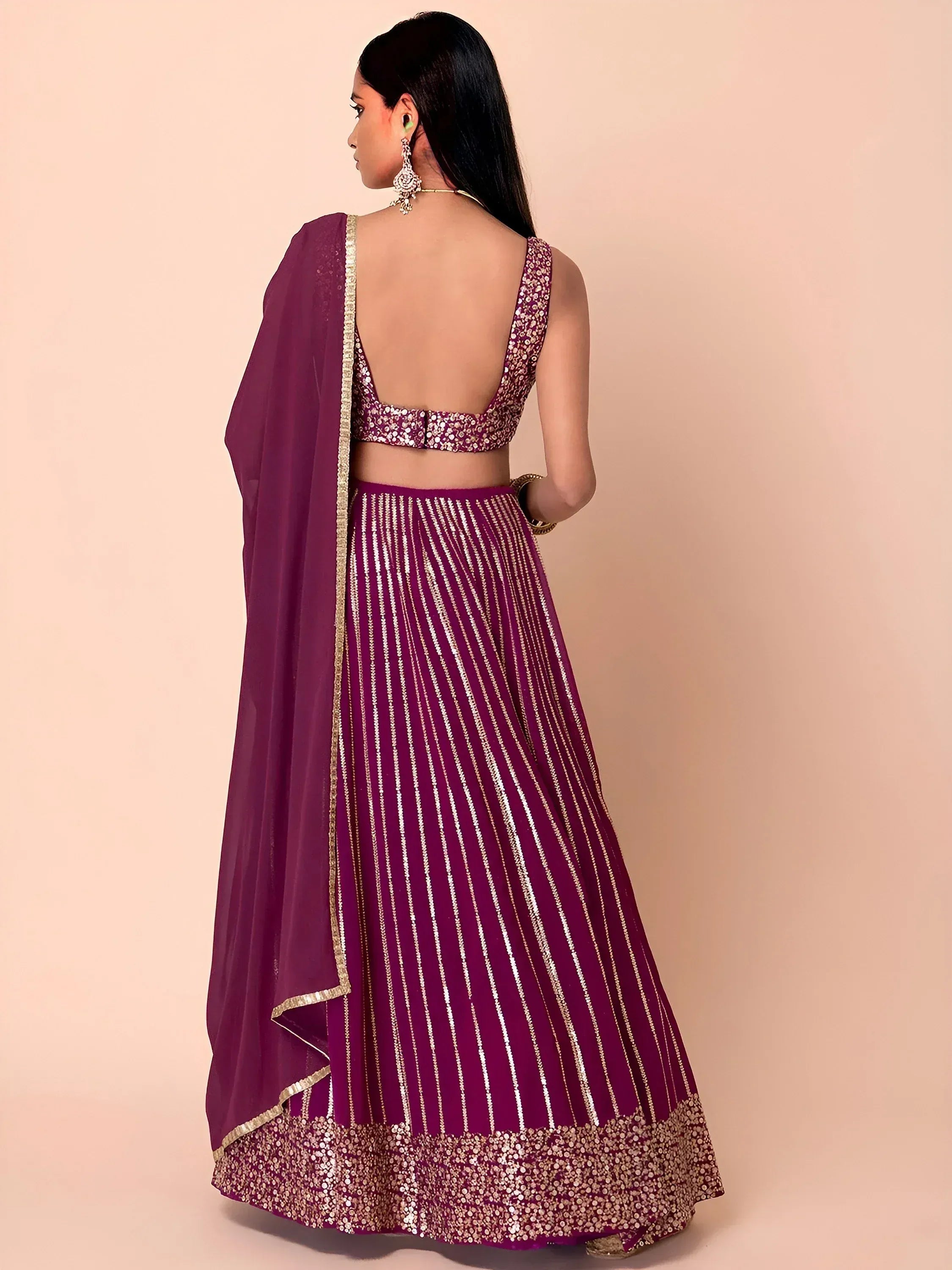 Tulsi Art Marvelous Wine Sequins Georgette Reception Wear Lehenga Choli