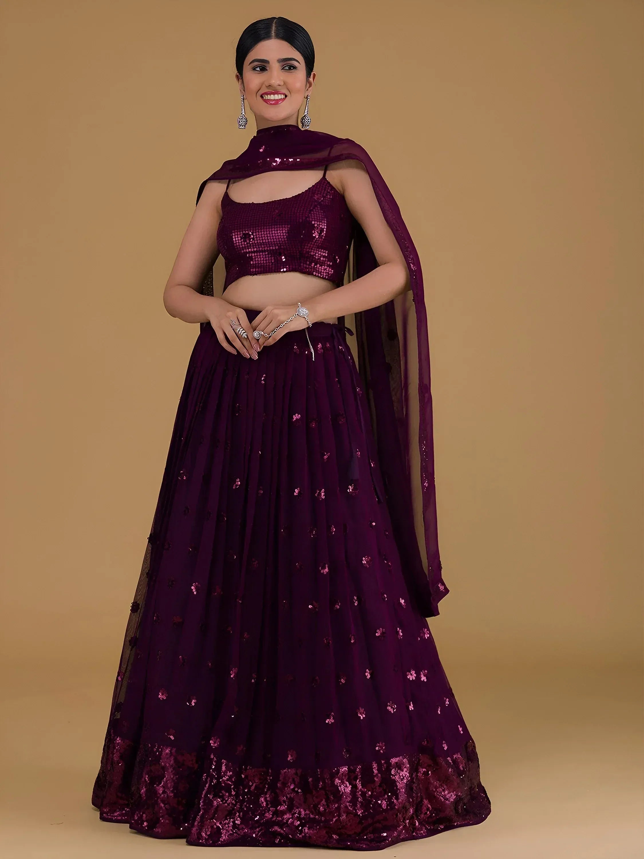 Tulsi Art Awesome Purple Sequins Georgette Sangeet Wear Lehenga Choli - Dista