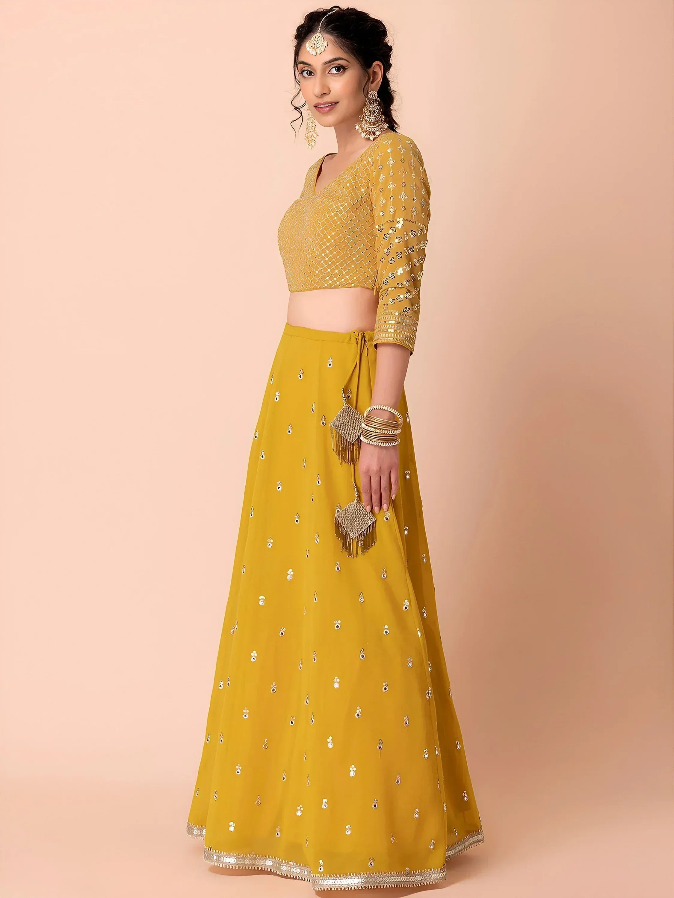 Tulsi Art Attractive Yellow Sequins Georgette Haldi Wear Lehenga Choli - Dista