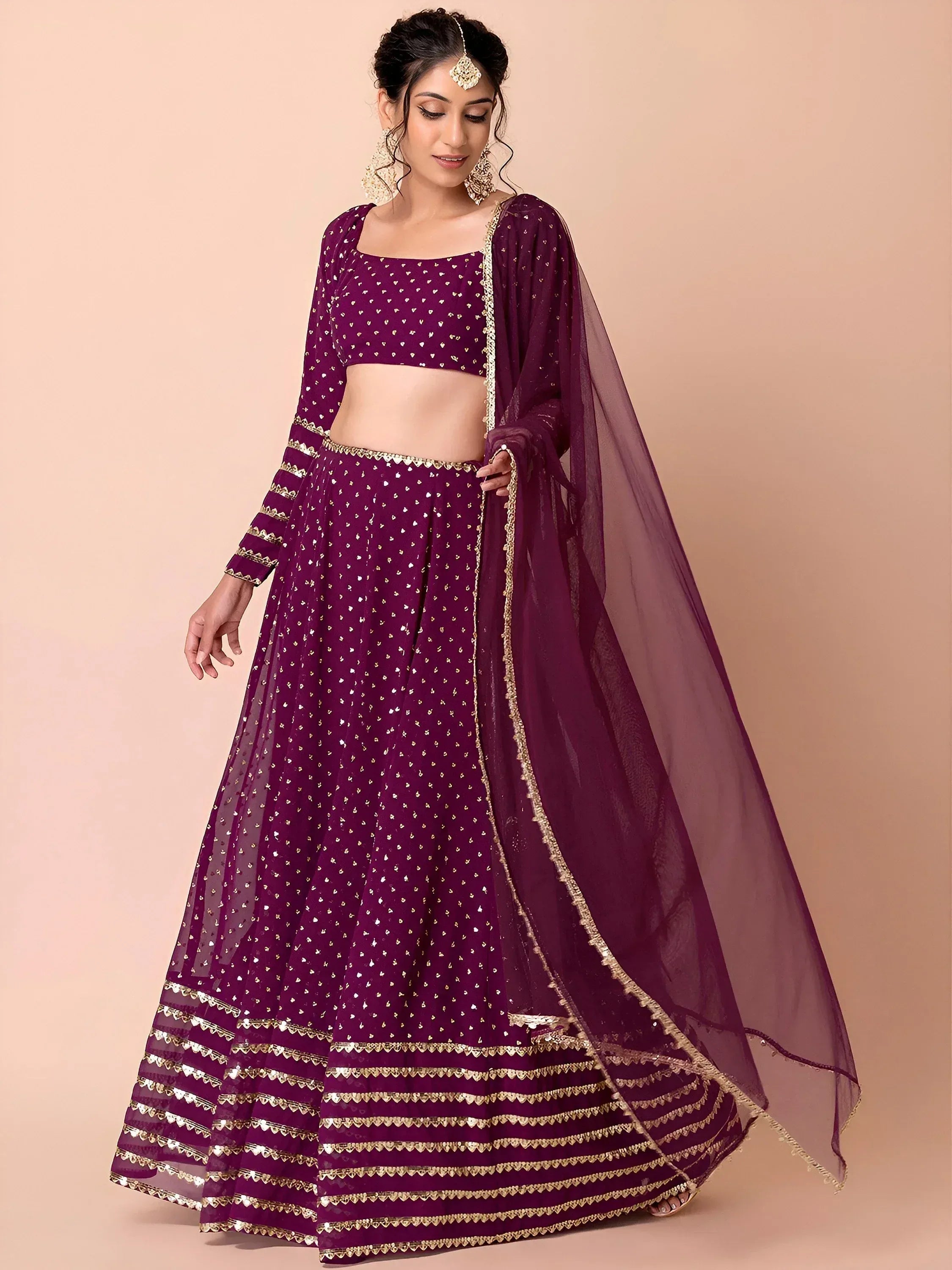 Tulsi Art Alluring Purple Sequins Georgette Bridesmaid Lehenga Choli With Dupatta - Dista