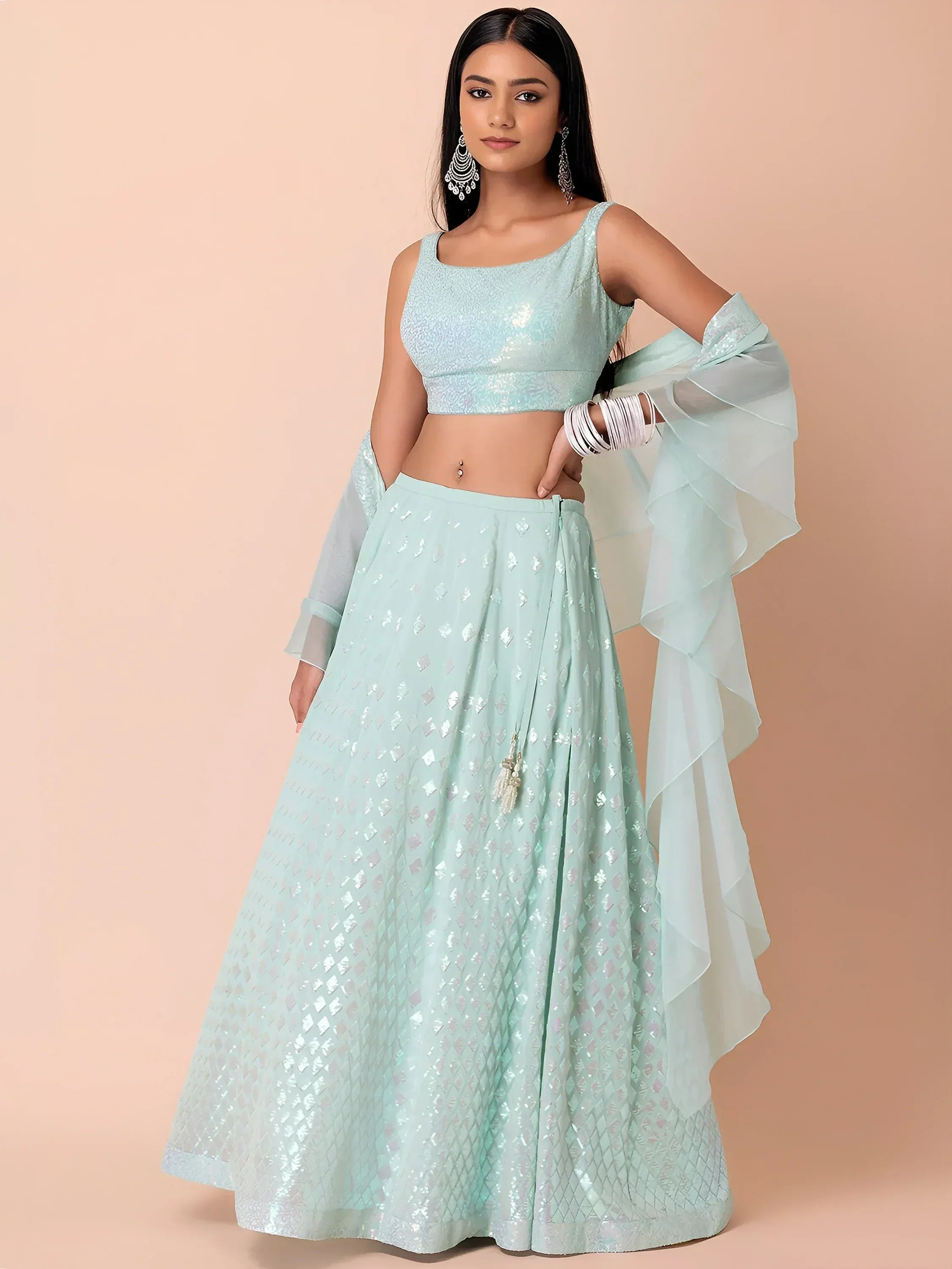 Tulsi Art Fabulous Sky-Blue Embroidered Georgette Reception Wear Lehenga Choli - Dista