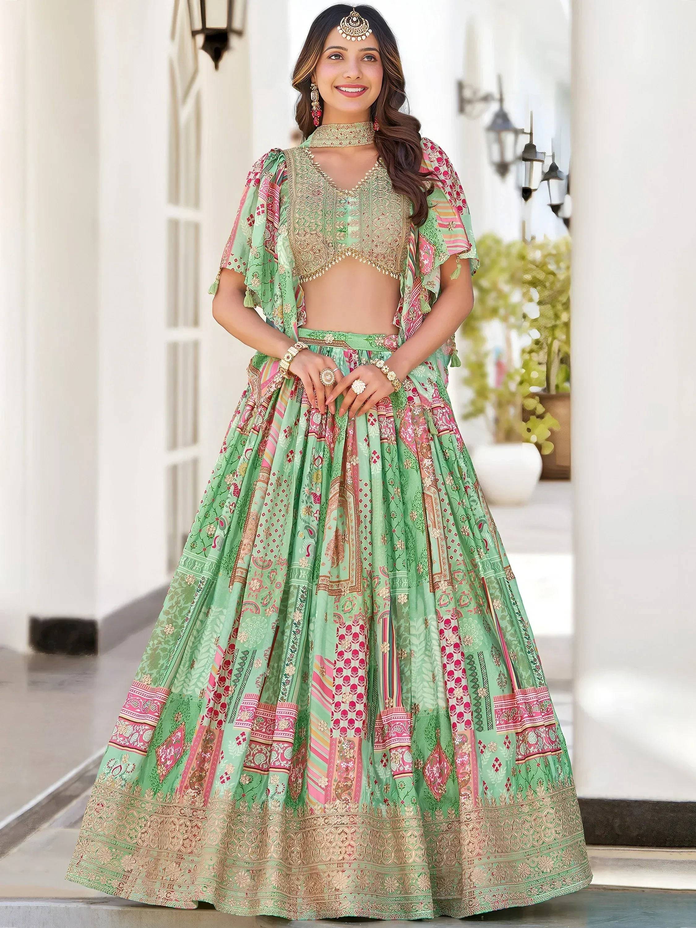 Tulsi Art Gorgeous Pista Green Chinon Dori Embroidered Lehenga Choli - Dista