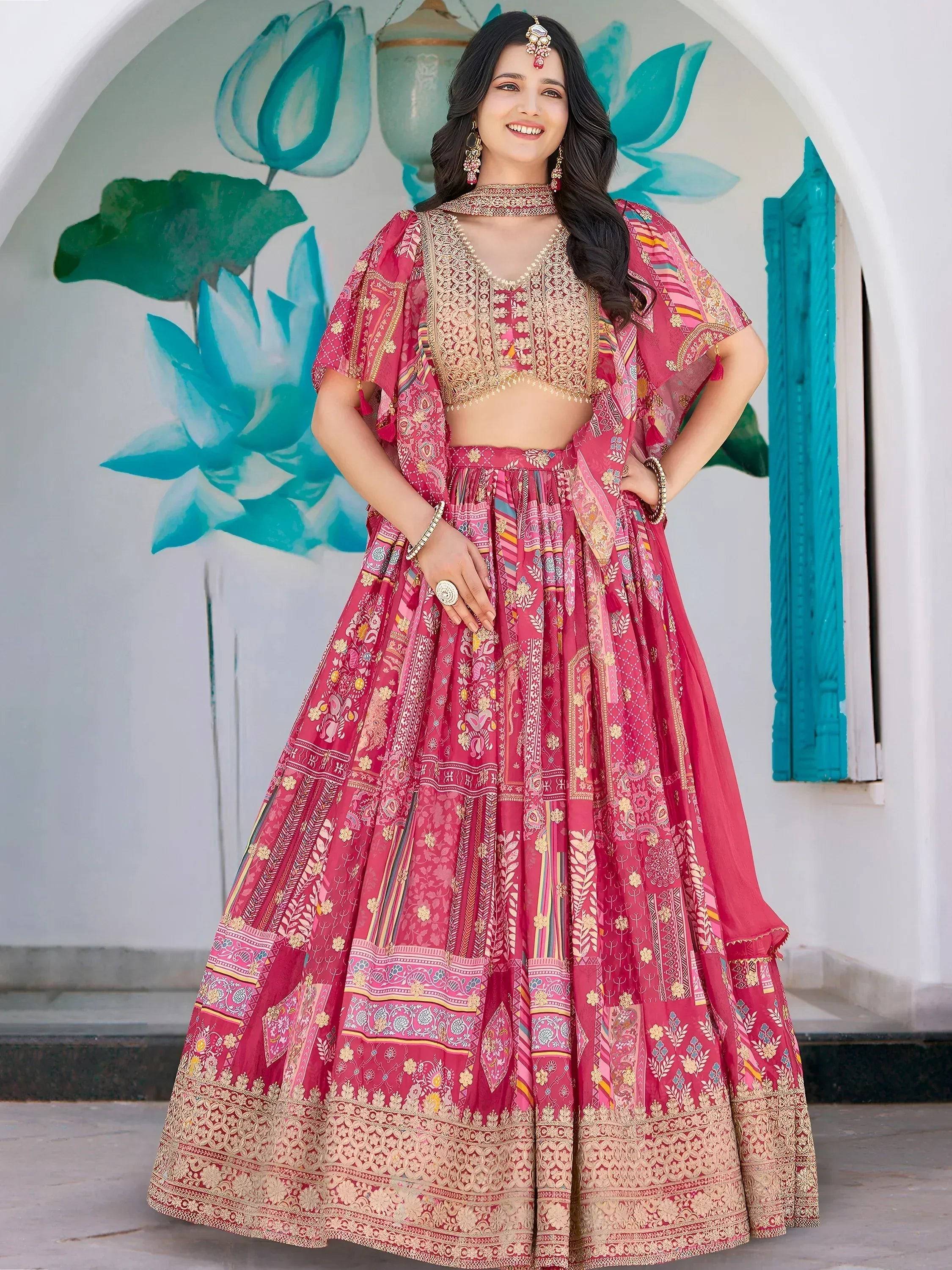Tulsi Art Attractive Pink Chinon Thread Embroidered Wedding Wear Lehenga Choli - Dista
