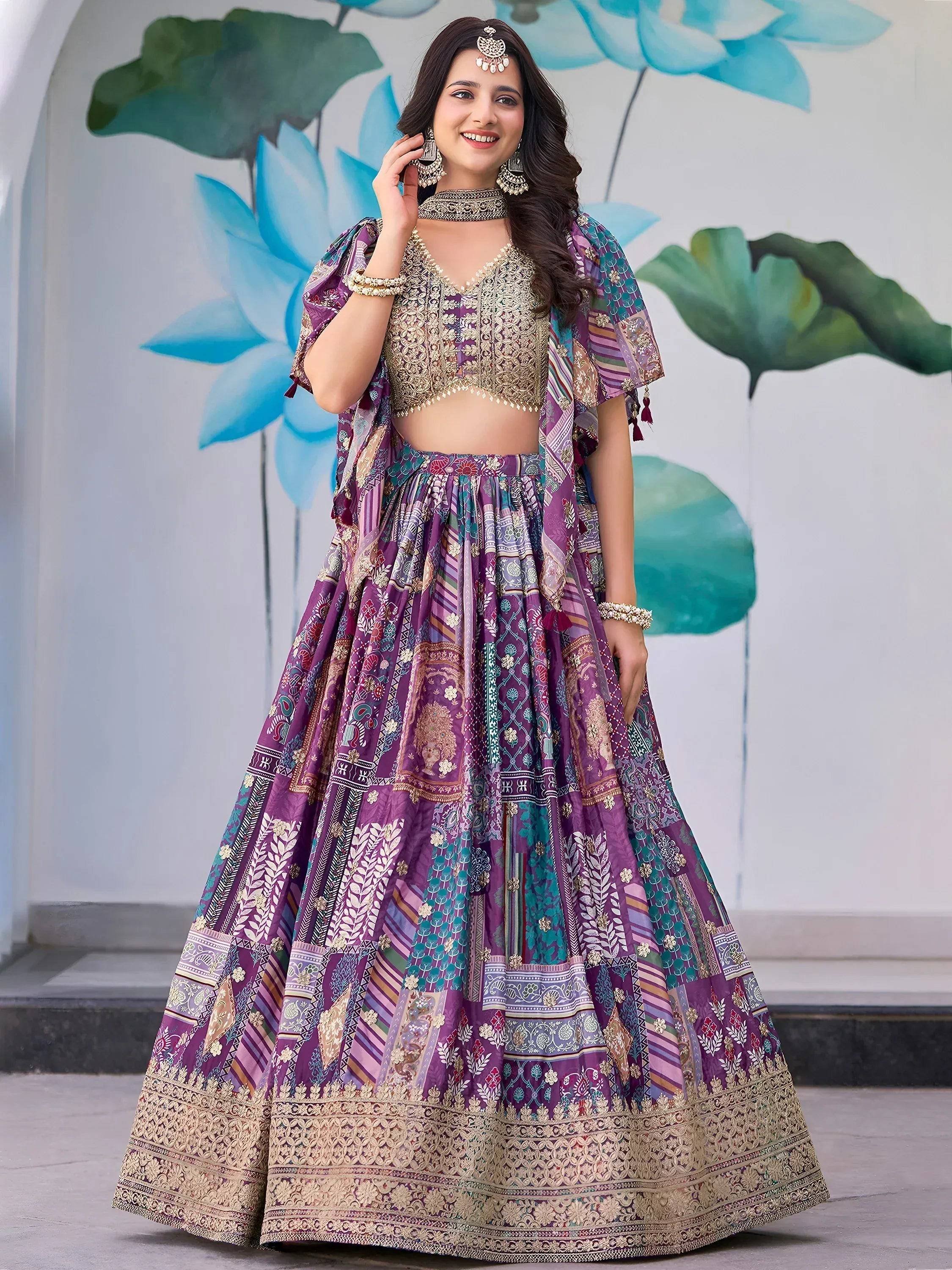 Tulsi Art Adorable Purple Chinon Zari Work Bridesmaid Lehenga Choli With Dupatta - Dista