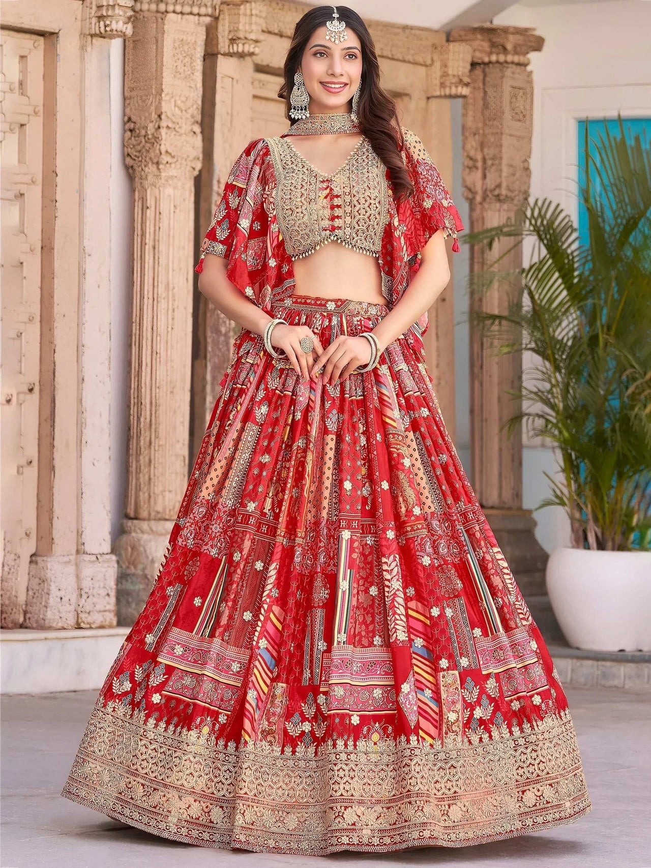 Tulsi Art Stunning Red Chinon Digital Printed Wedding Lehenga Choli - Dista