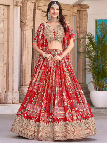 Tulsi Art Stunning Red Chinon Digital Printed Wedding Lehenga Choli - Dista