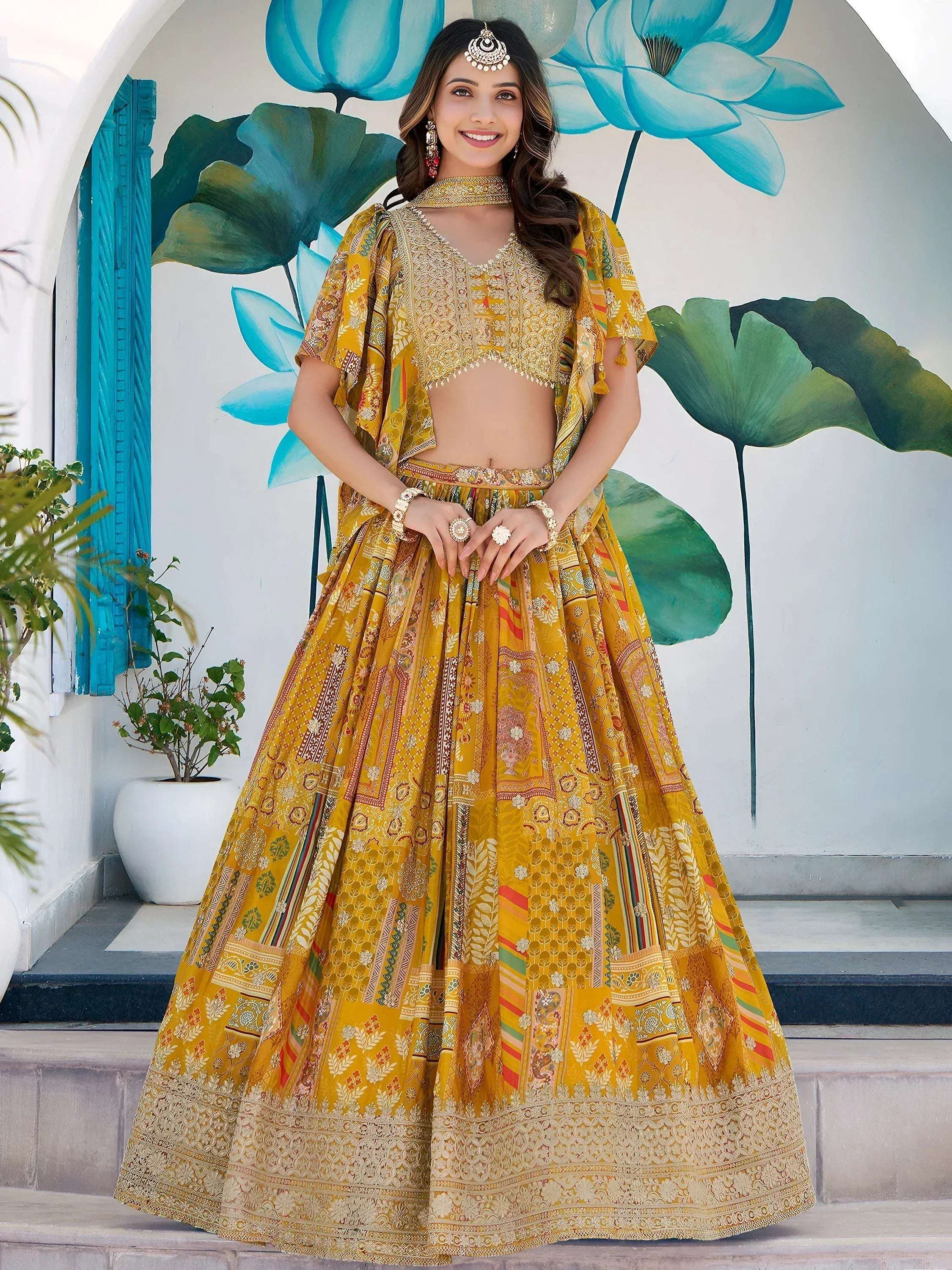 Tulsi Art Timeless Yellow Zari Embroidered Chinon Lehenga Choli With Dupatta
