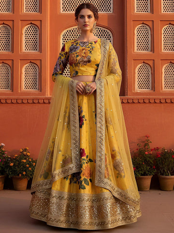 Tulsi Art Beautiful Yellow Floral Printed Silk Festival Wear Lehenga Choli With Dupatta - Dista