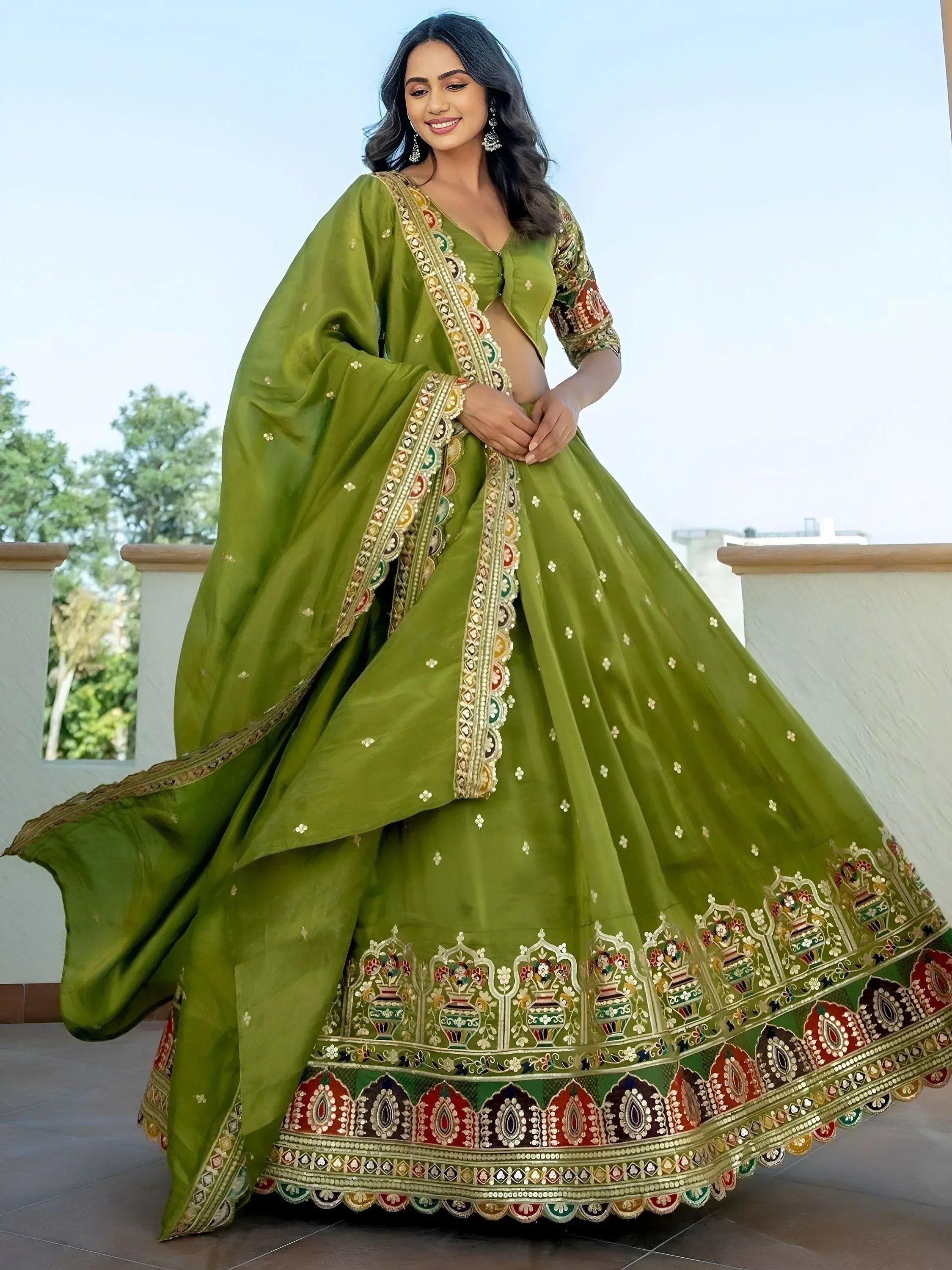 Tulsi Art Dazzling Green Thread Embroidered Silk Mehendi Wear Lehenga Choli - Dista