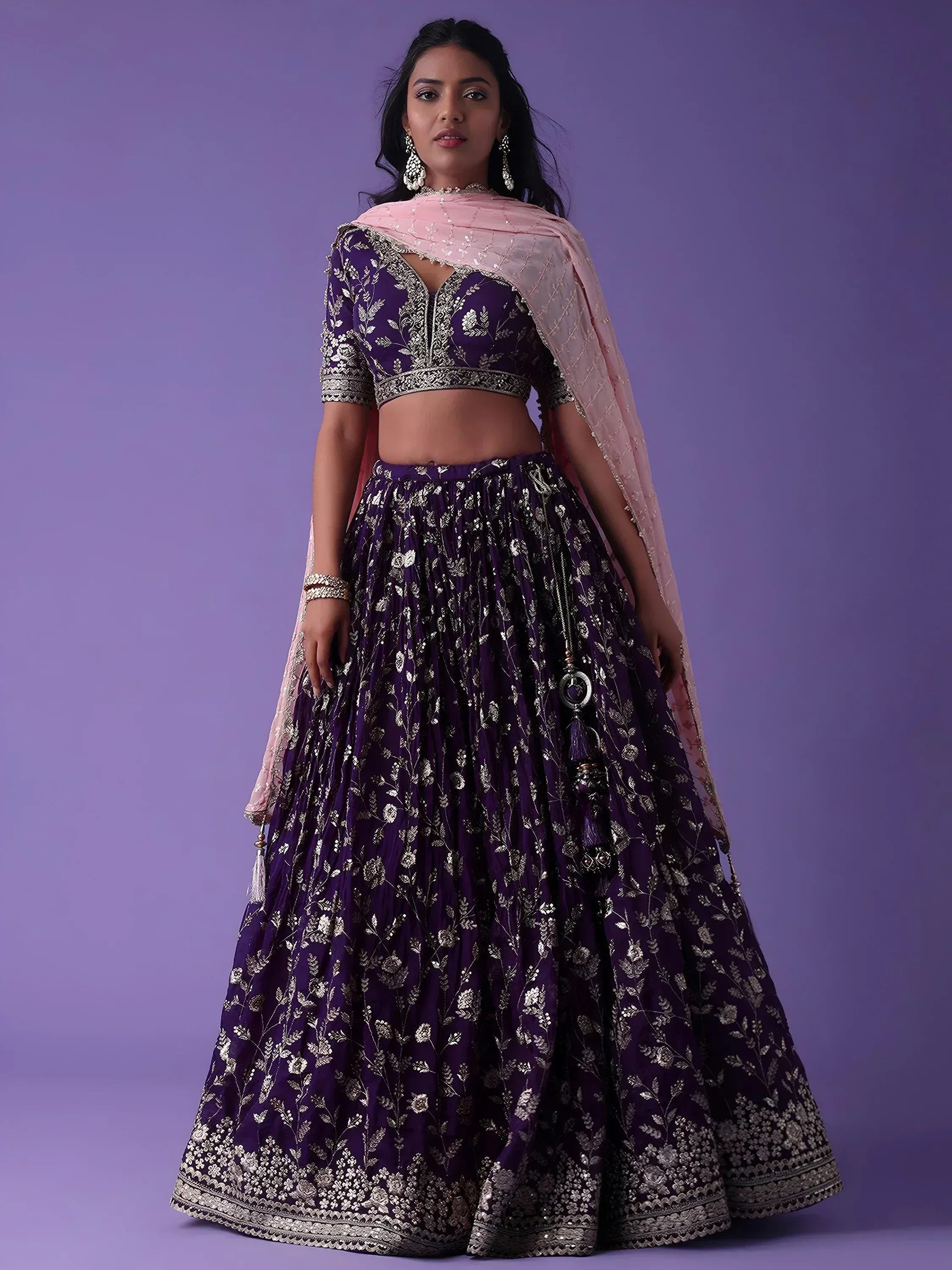 Tulsi Art Precious Purple Zari Embroidered Georgette Lehenga Choli With Dupatta - Dista