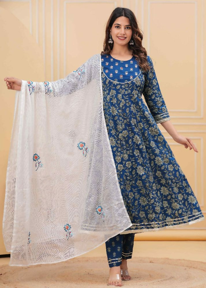 Jaimini Women Cotton Printed Round Neck Calf Length Flared Kurta Pant And Dupatta Set - Dista