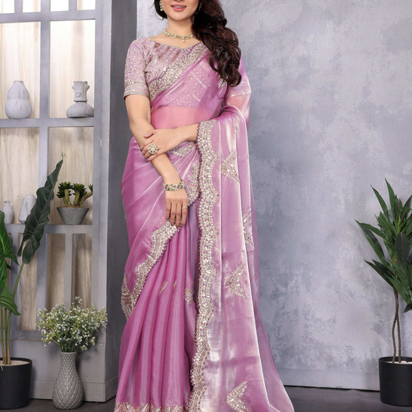 Vastranavya Lavender Embroidery Work Shimmer Chiffon Saree with Unstitched Blouse