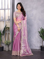 Thumbnail for Vastranavya Lavender Embroidery Work Shimmer Chiffon Saree with Unstitched Blouse