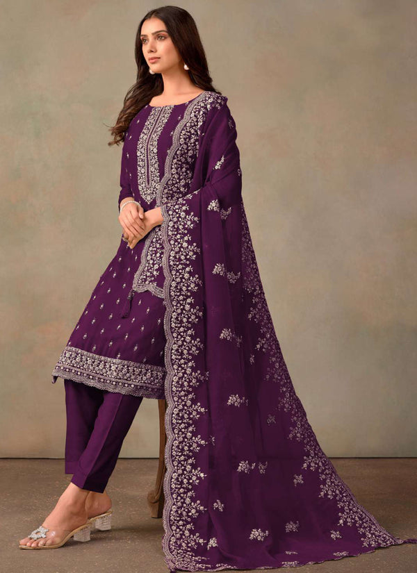Vegaa Fashion Violet Organza Embroidery Work Designer Salwar Suit