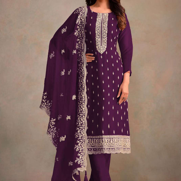 Vegaa Fashion Violet Organza Embroidery Work Designer Salwar Suit - Distacart