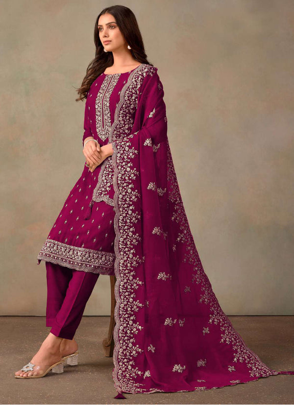 Vegaa Fashion Wine Organza Embroidery Work Designer Salwar Suit