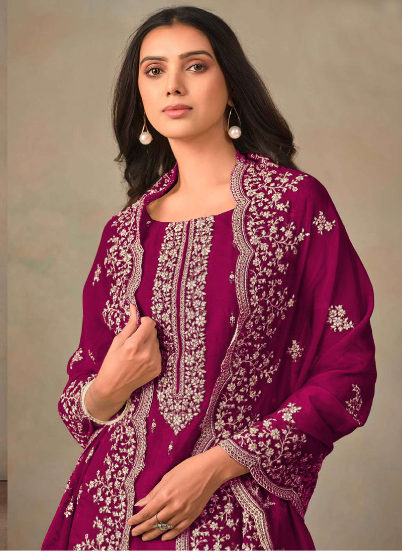 Vegaa Fashion Wine Organza Embroidery Work Designer Salwar Suit
