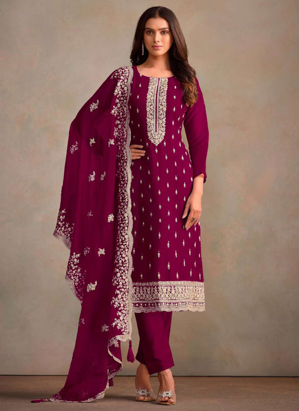 Vegaa Fashion Wine Organza Embroidery Work Designer Salwar Suit