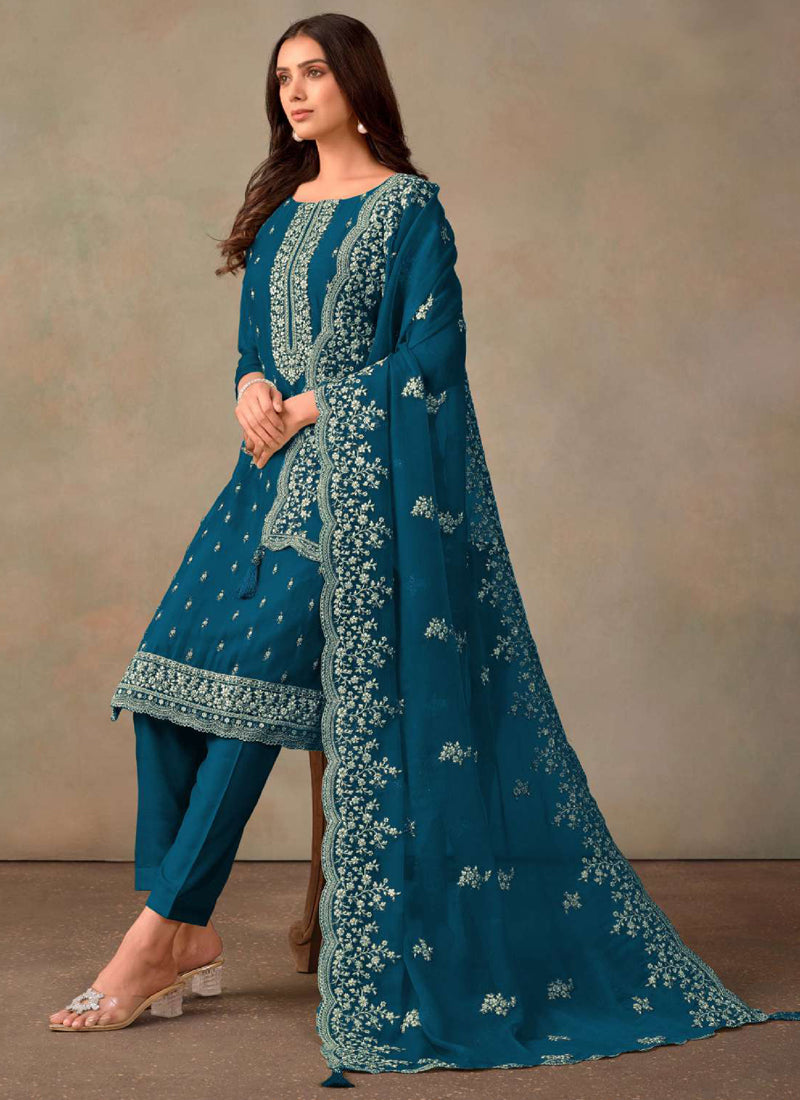 Vegaa Fashion Aqua Blue Organza Embroidery Work Designer Salwar Suit - Distacart