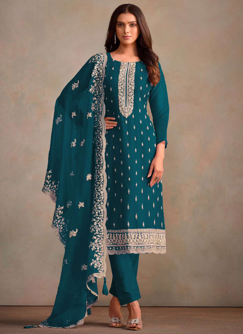 Vegaa Fashion Aqua Blue Organza Embroidery Work Designer Salwar Suit - Distacart