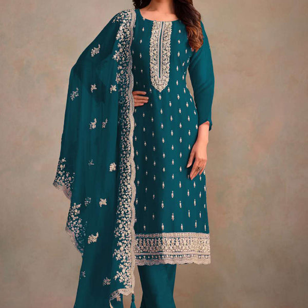 Vegaa Fashion Aqua Blue Organza Embroidery Work Designer Salwar Suit - Distacart