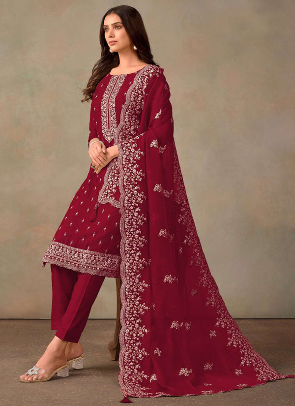 Vegaa Fashion Maroon Organza Embroidery Work Designer Salwar Suit