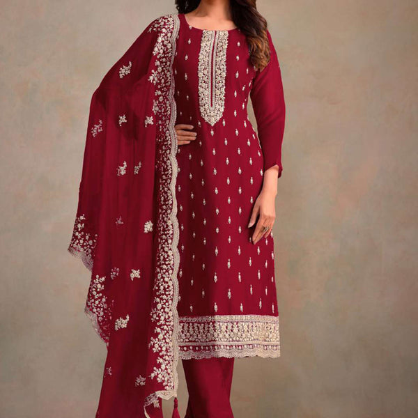 Vegaa Fashion Maroon Organza Embroidery Work Designer Salwar Suit - Distacart