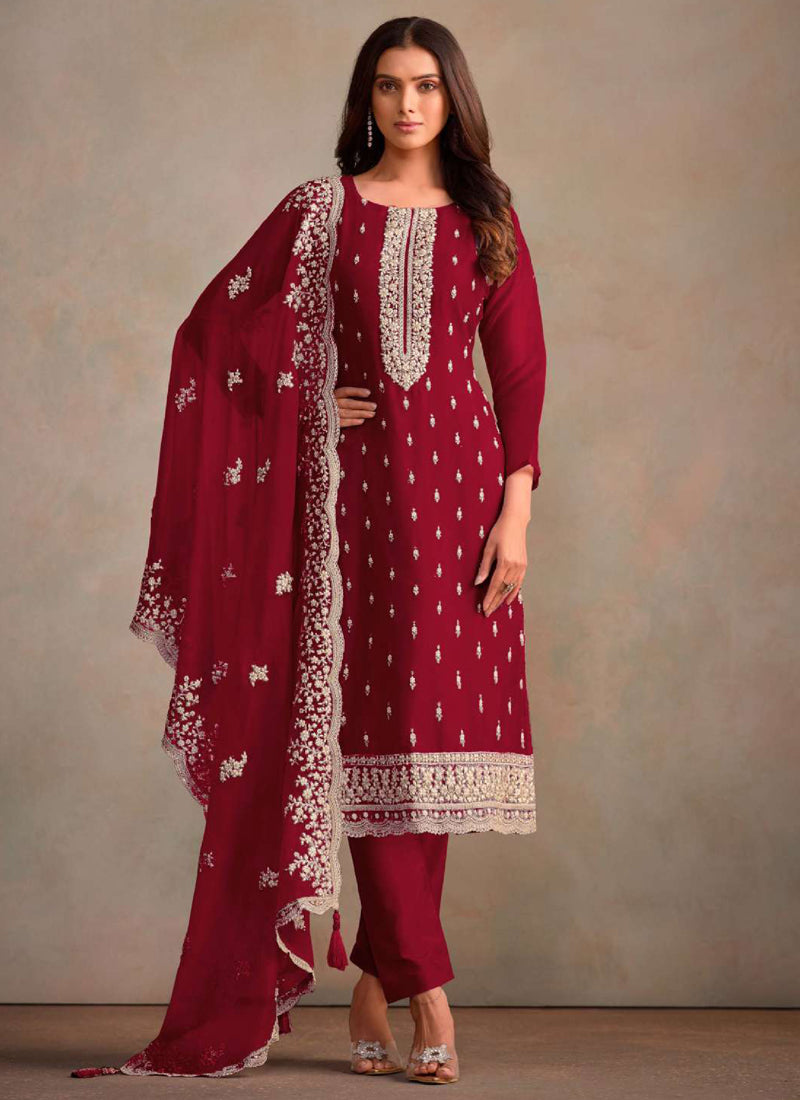 Vegaa Fashion Maroon Organza Embroidery Work Designer Salwar Suit - Distacart