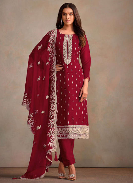 Vegaa Fashion Maroon Organza Embroidery Work Designer Salwar Suit