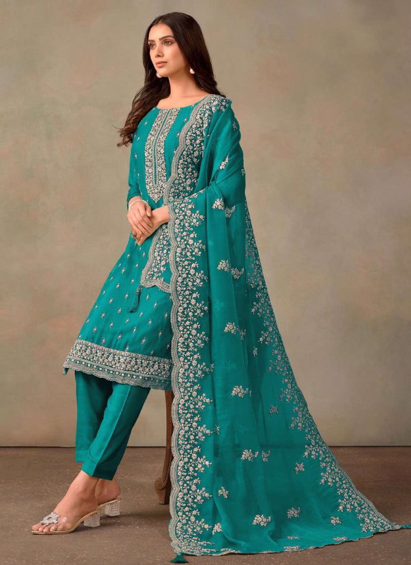 Vegaa Fashion Turquoise Organza Embroidery Work Designer Salwar Suit - Distacart
