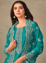 Thumbnail for Vegaa Fashion Turquoise Organza Embroidery Work Designer Salwar Suit