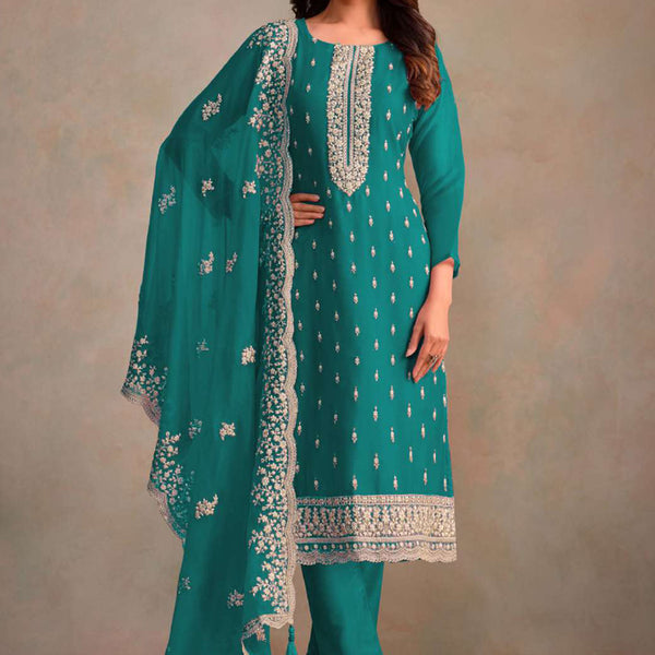 Vegaa Fashion Turquoise Organza Embroidery Work Designer Salwar Suit - Distacart