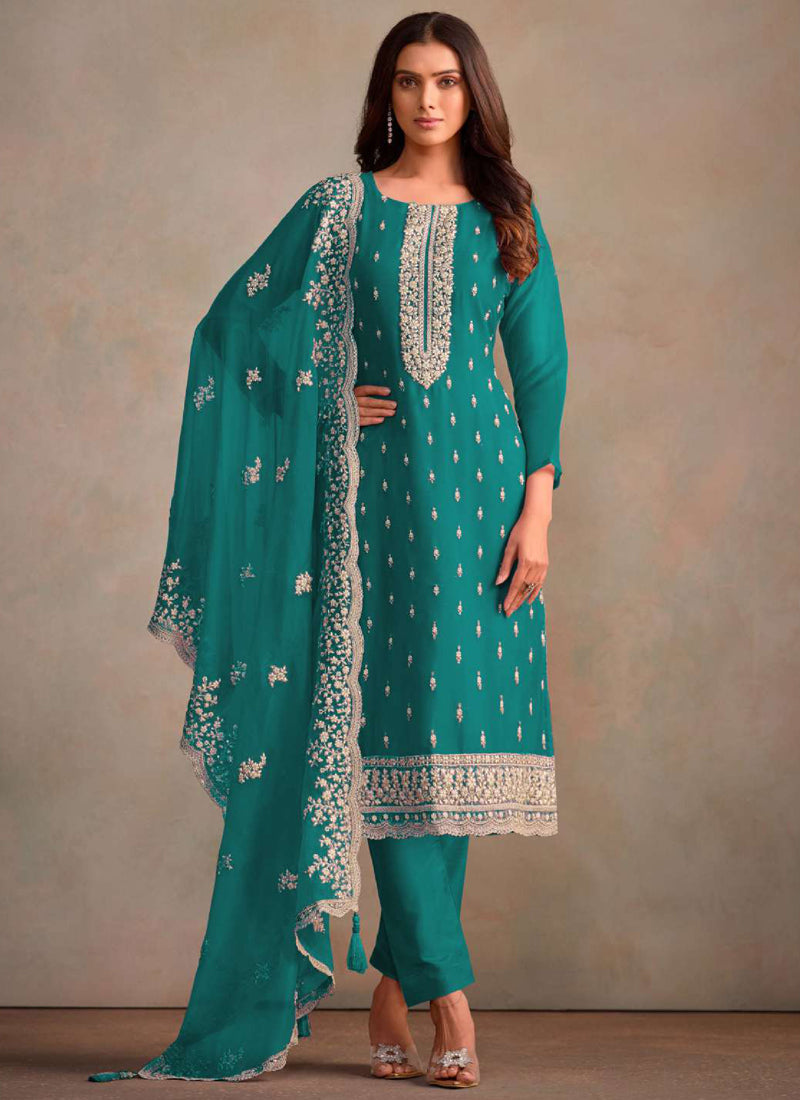 Vegaa Fashion Turquoise Organza Embroidery Work Designer Salwar Suit - Distacart