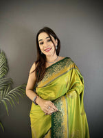 Thumbnail for Joban Fashion Light Green Banarasi Soft Silk Peacock Butta Work Saree - Distacart