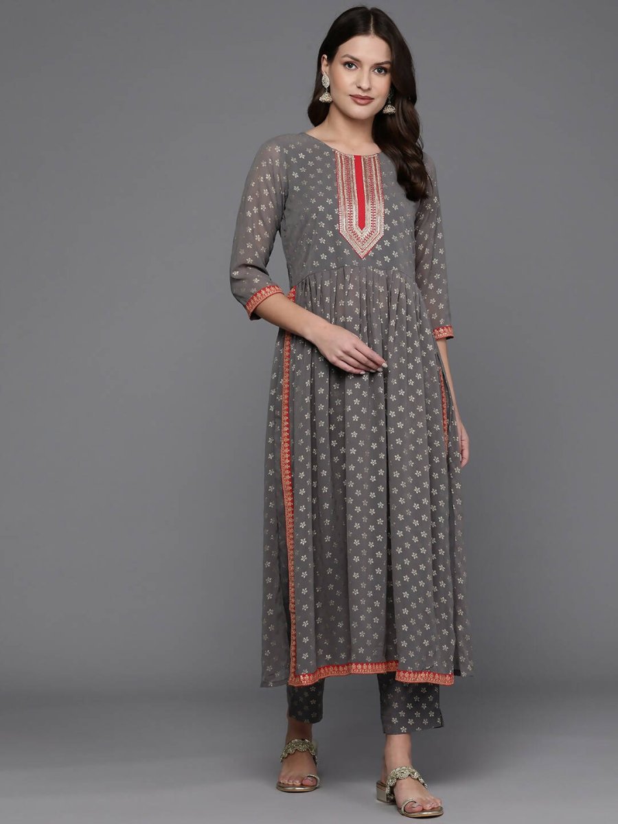 Ahalyaa Women Ethnic Motifs Printed Pleated Sequinned Kurta with Trousers - Grey Color - Distacart