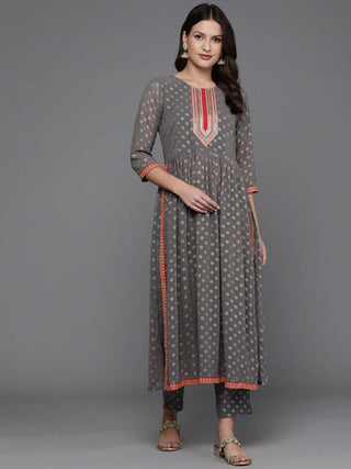 Ahalyaa Women Ethnic Motifs Printed Pleated Sequinned Kurta with Trousers - Grey Color - Distacart
