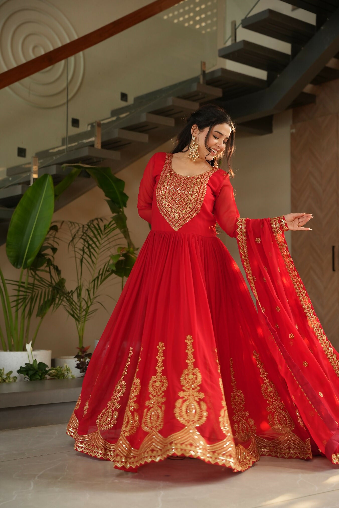 Joban Fashion Red Georgette Sequence Embroidery Work Kurta Set