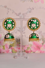Thumbnail for Green Round Shape Ethnic Meenakari Jhumki Earrings By House of Ree - Distacart