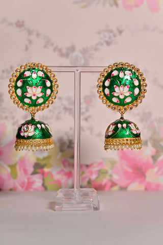 Green Round Shape Ethnic Meenakari Jhumki Earrings By House of Ree - Distacart