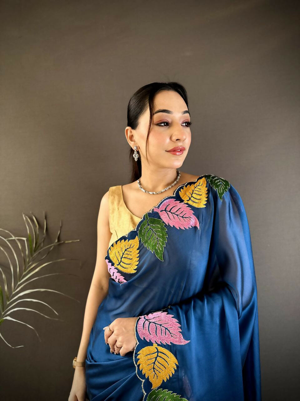 Prime Volt Multicolor Leaf Embroidery Rangoli Silk Saree with Scalloped Border-Blue - Dista