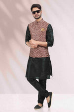 Thumbnail for Raivat Ethnic Jacquard Banarasi Silk Woven Work 3 Pics Jacket Set In Maroon Colour - Distacart