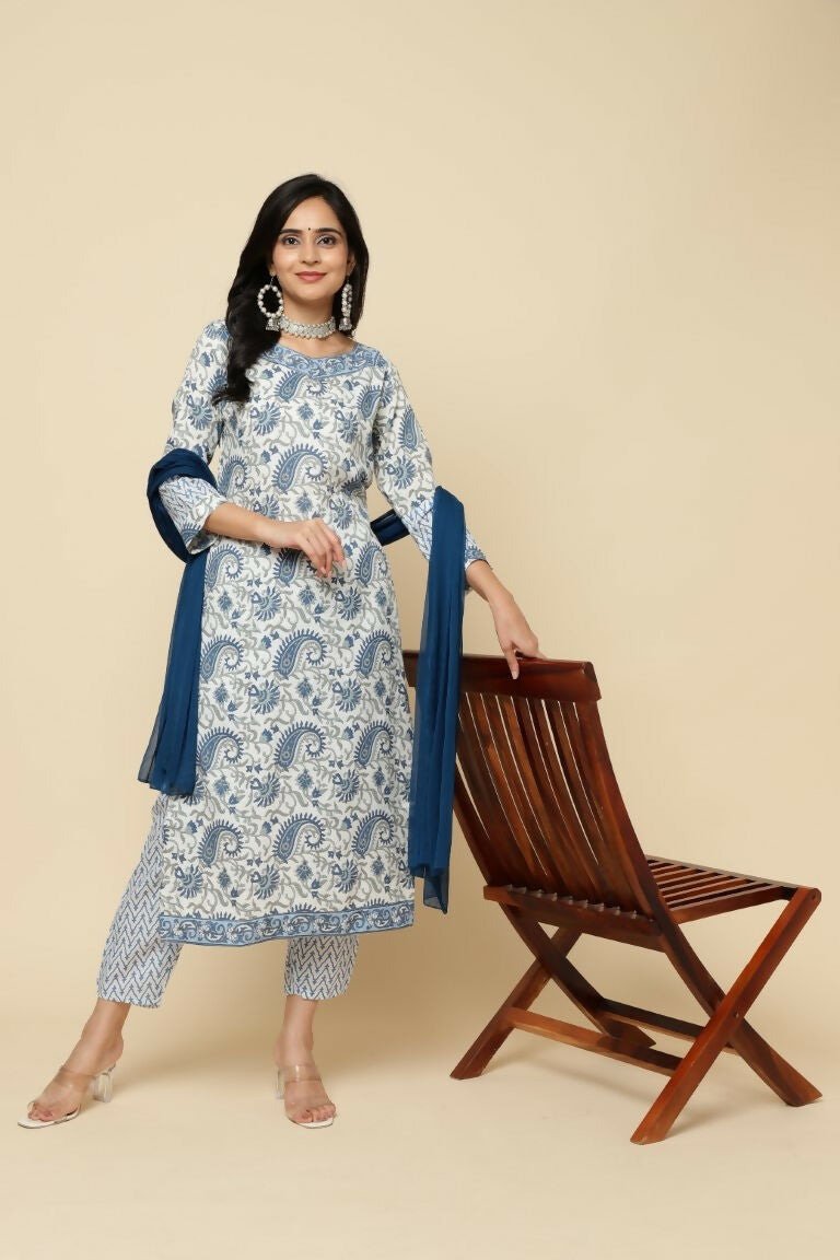 Designer Stylish White Keri cotton Stitched Suit With Dupatta - Tanisha - Distacart