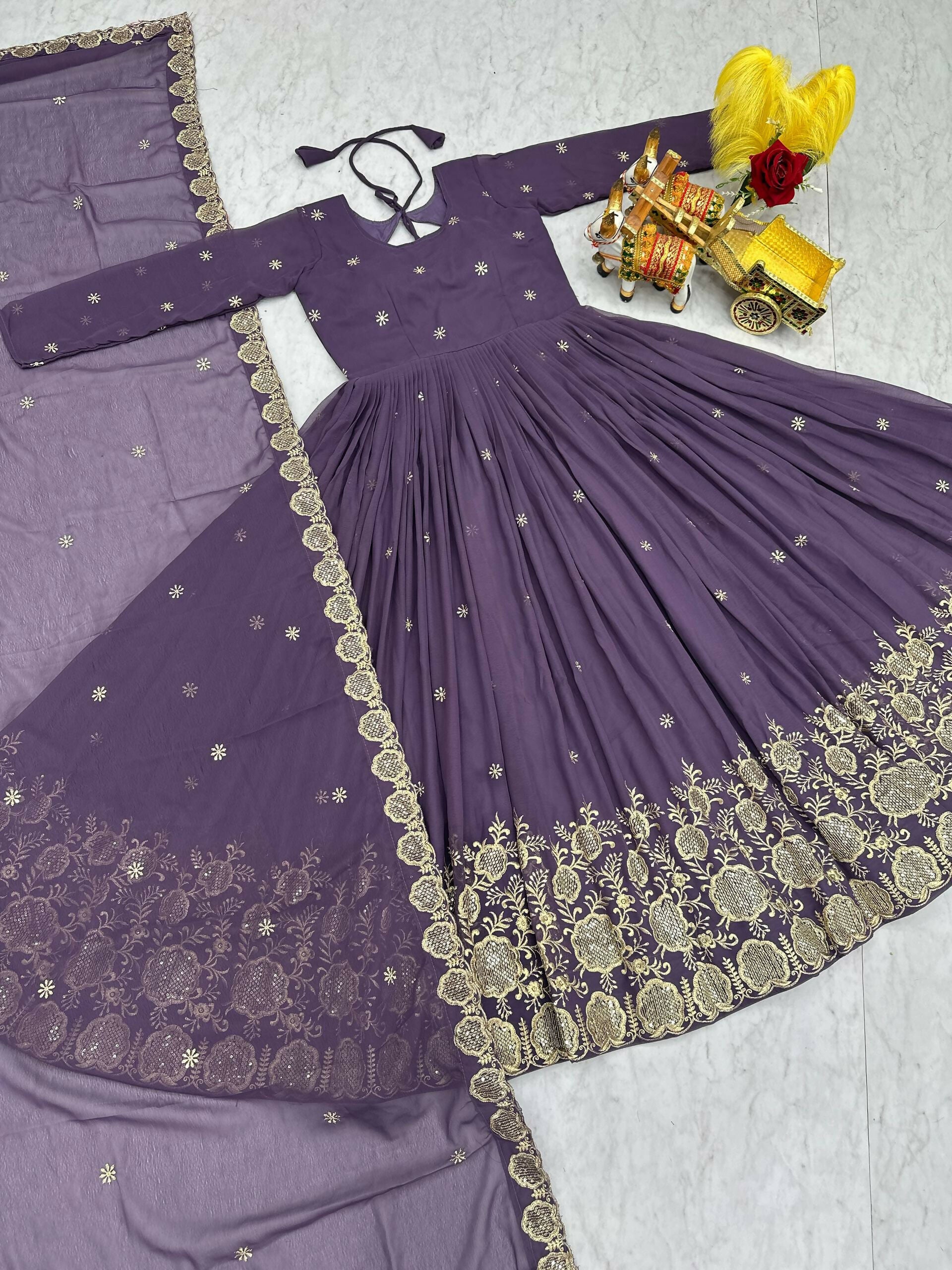 Teeya Creation Womens Wedding Wear Heavy Sequence Embroidery Work Purple Gown Set - Dista