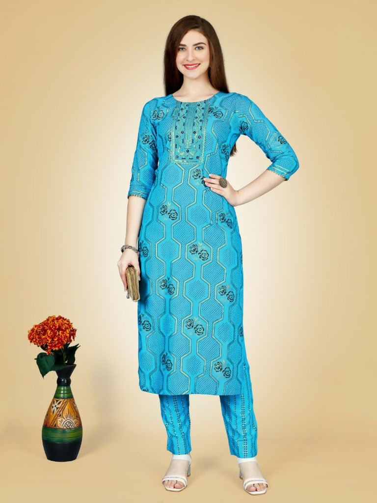Jyoti Fashion Women's Sky Blue Viscose Rayon Embroidered Kurta Pant Set - Distacart