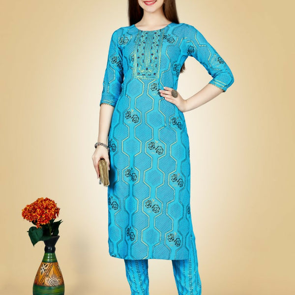 Jyoti Fashion Women's Sky Blue Viscose Rayon Embroidered Kurta Pant Set - Distacart