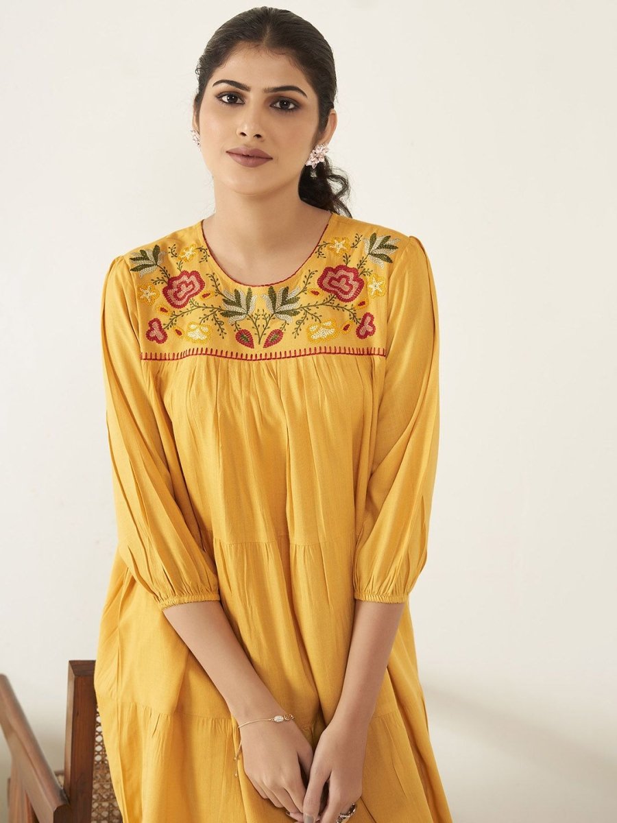 Anouk Yellow Floral Embroidered A-Line Kurta - Distacart